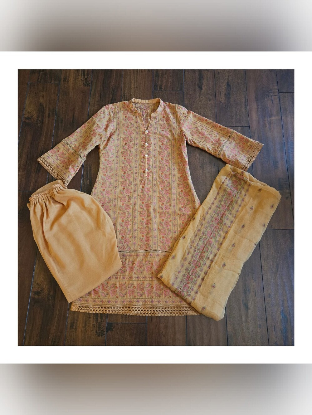 Embroidered Salwar Kameez Dupatta Long Scarf Mustard Yellow Party Wear Dress - Picture 7 of 11